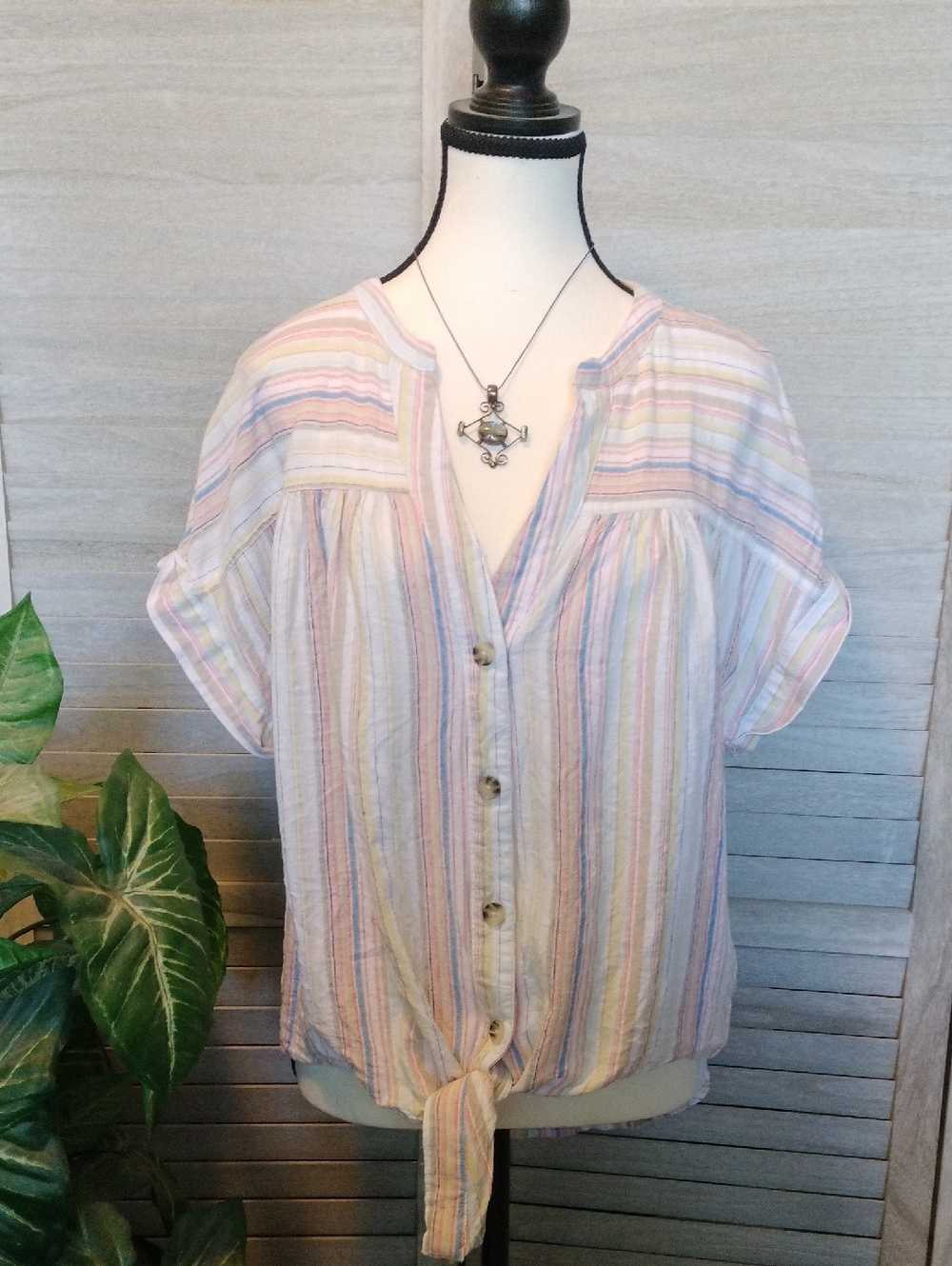 ⚜️ Sharagano Linen Blend Tie-Front Blouse - Size M